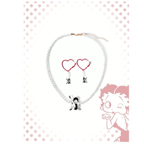 Betty Boop Jewelry - Betty Boop Faux Pearl Necklace & Heart Earring Set  Cute Cartoon Charm Jewelry